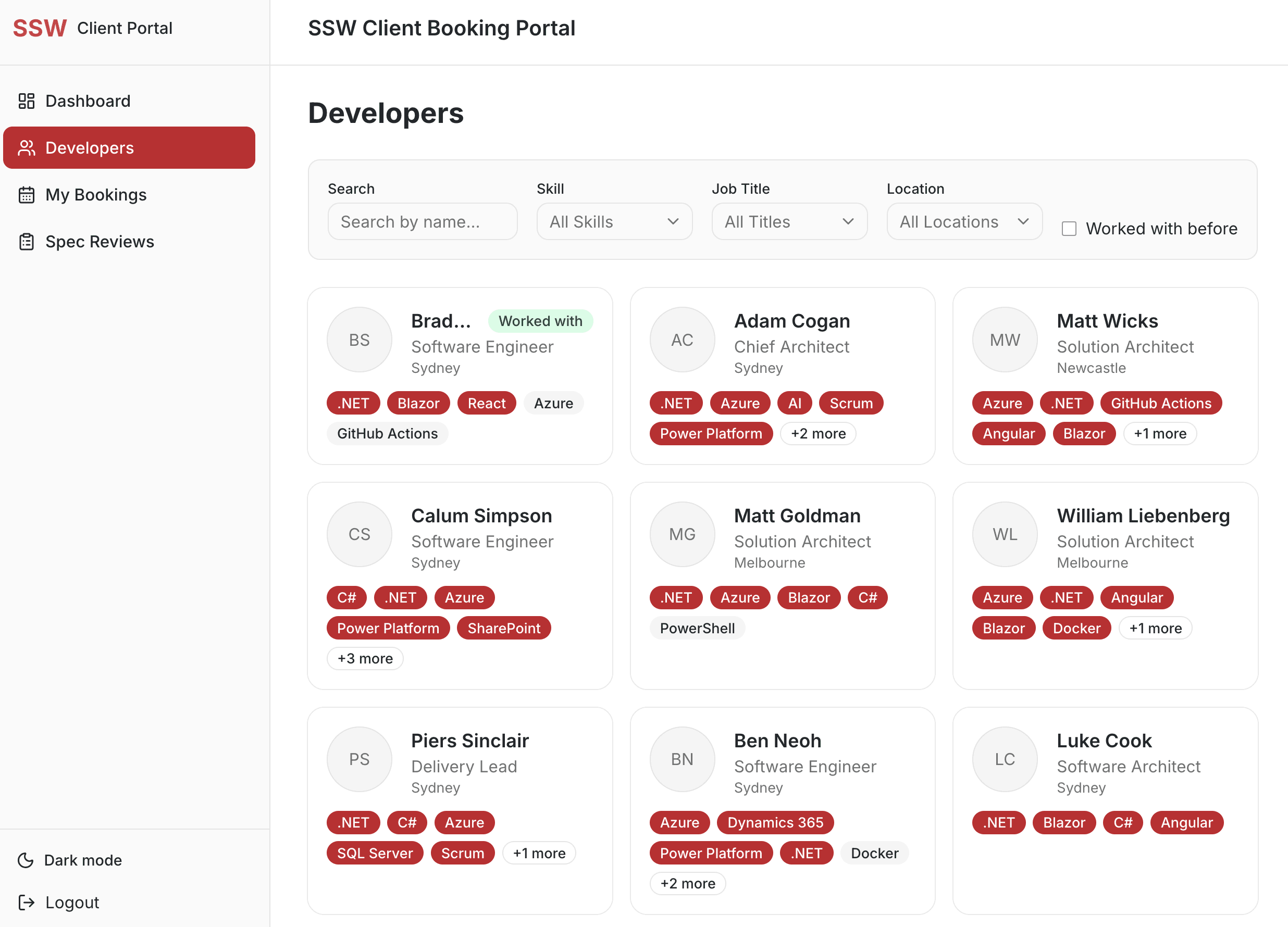 Developer listing page with search filters and developer cards